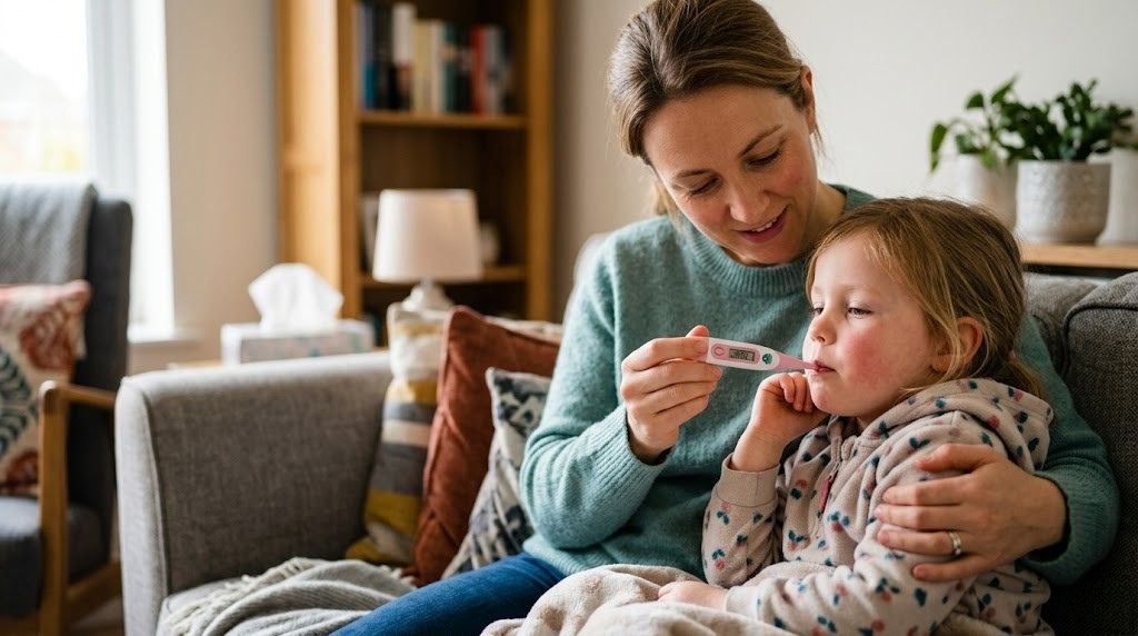 Digital thermometer being used to check body temperature